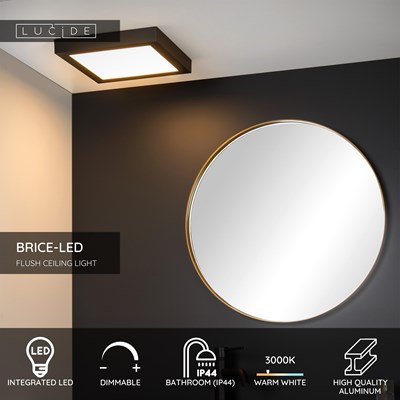 Lucide BRICE-LED - Flush ceiling light Bathroom - LED Dim. - 1x30W 3000K - IP44 - Black
